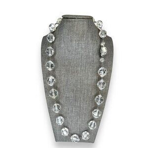 Vintage West Germany Clear Faceted Acrylic Station Necklace Silver Tone 26.75"